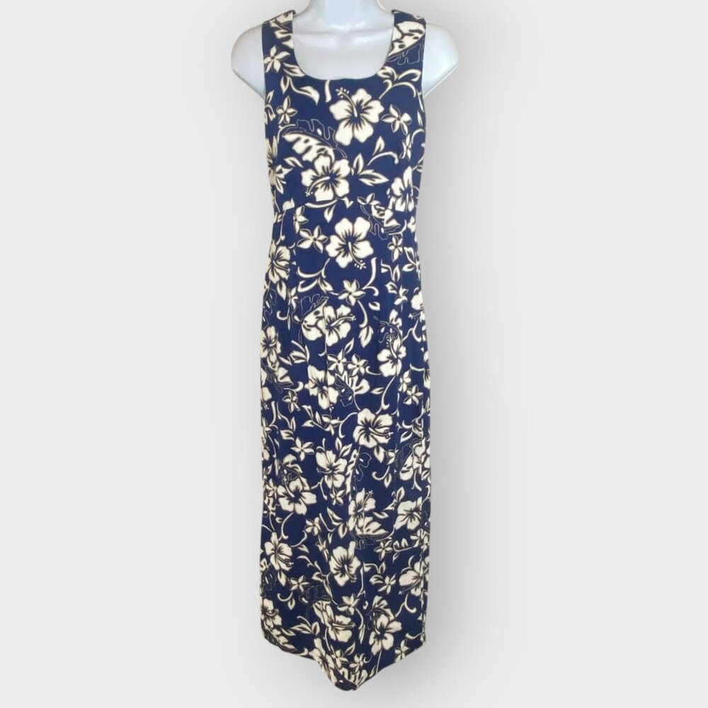 Vtg Hilo Hattie Hawaii Midi Dress | 8 | Blue Hibiscus | Tropical Beachy